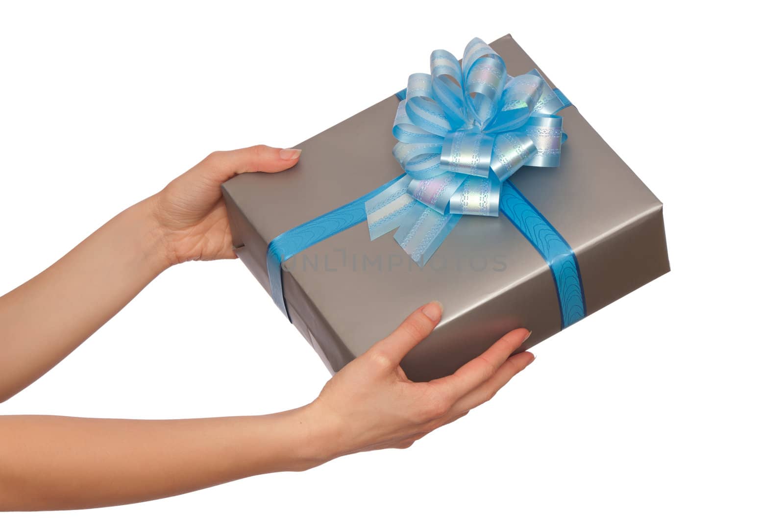 woman giving a silver box with blue bow as a gift