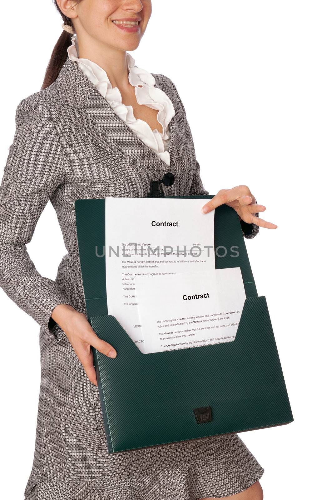 Businesswoman taking out from a suitcase contract for new employees