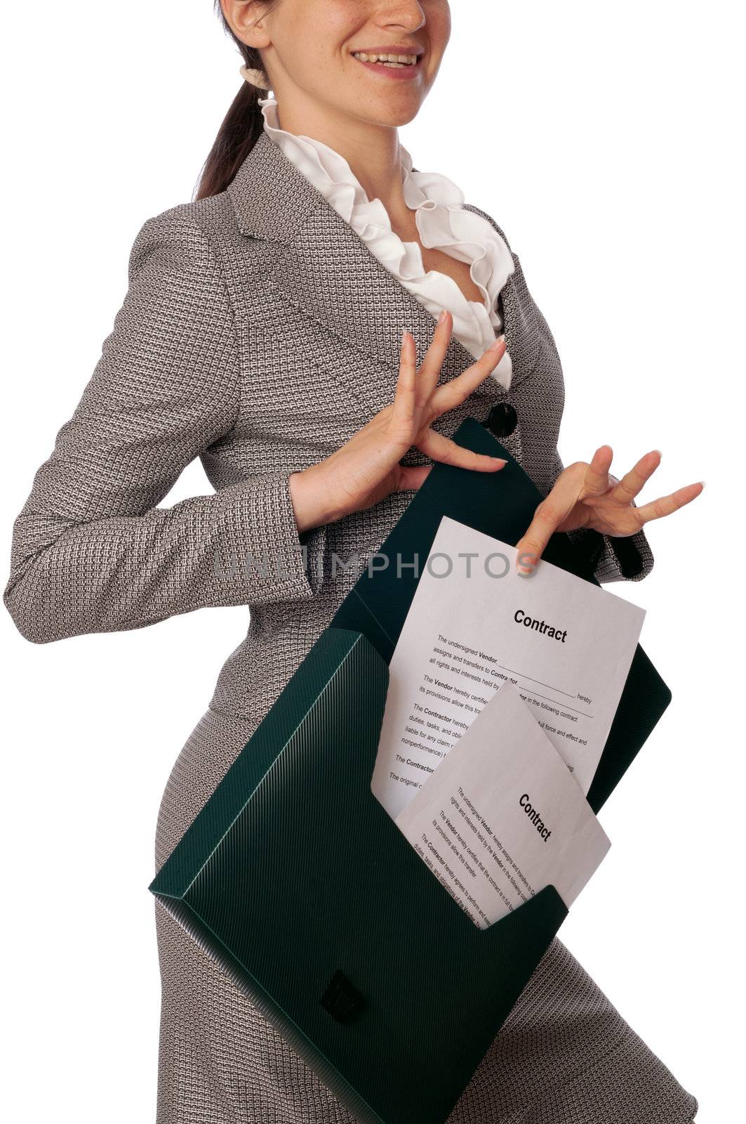 Businesswoman taking out from a suitcase contract for new employees