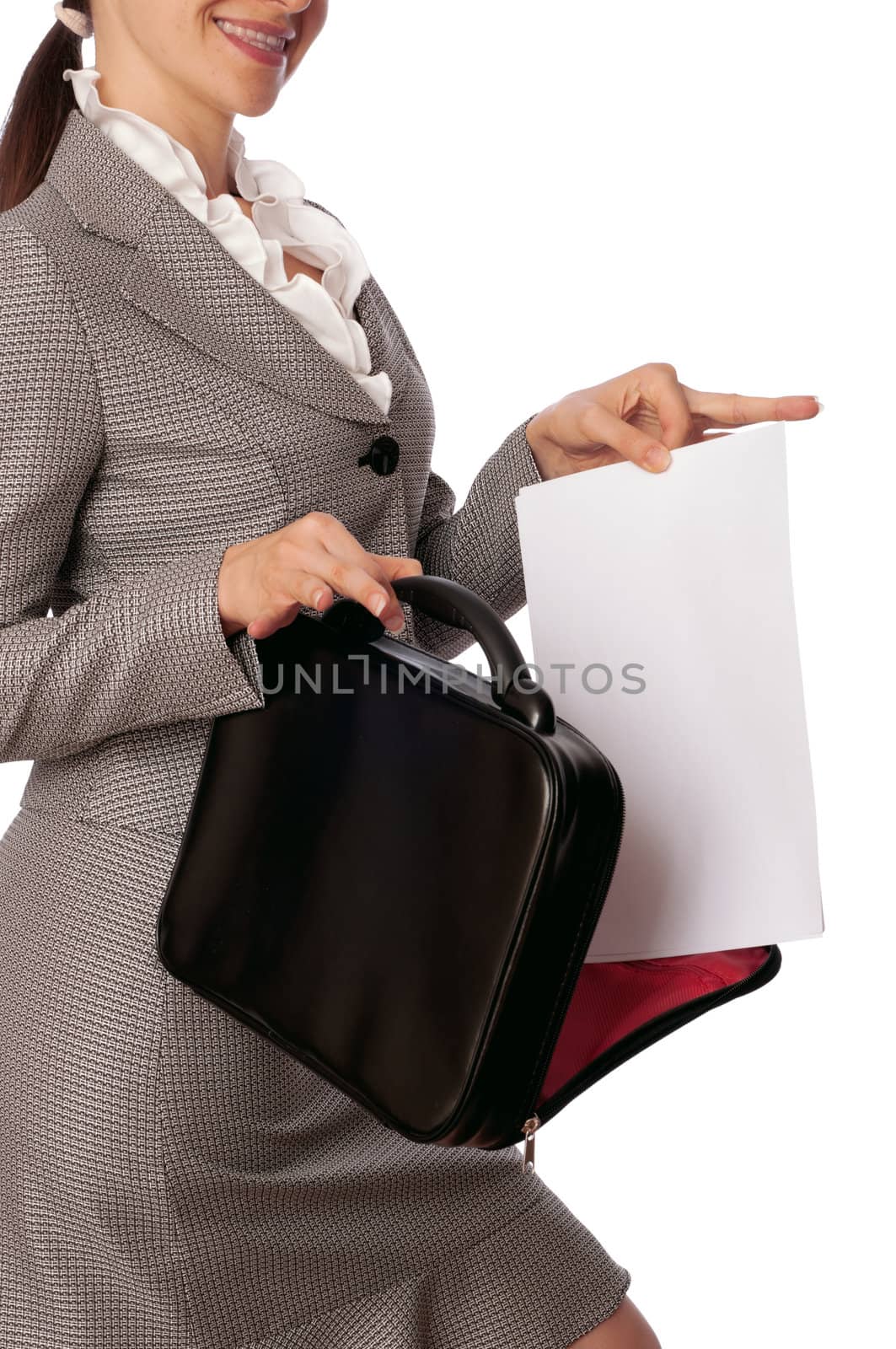 Woman holding suitcase with documents in the hands