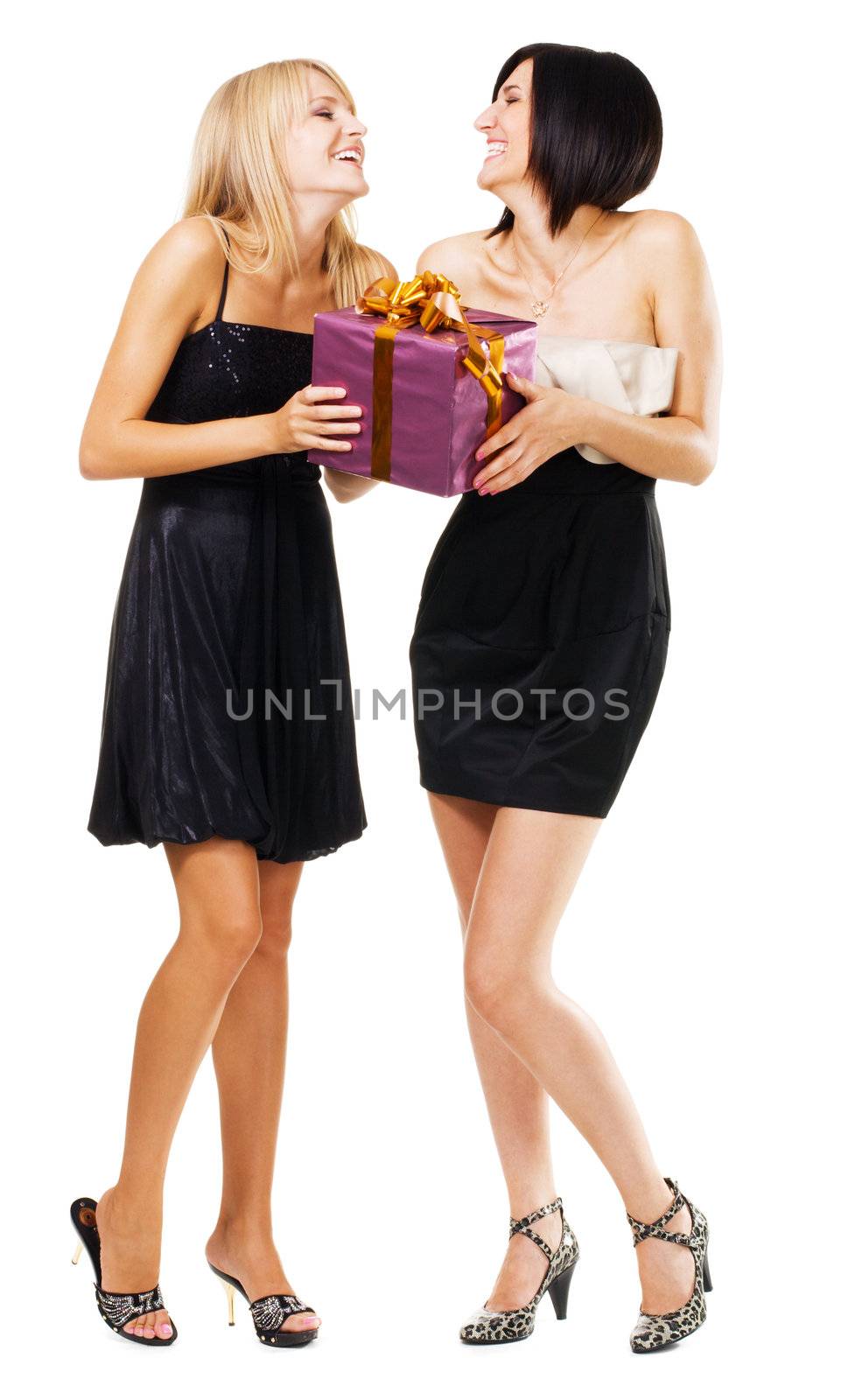 Pretty festive girls with a gift box by Gdolgikh