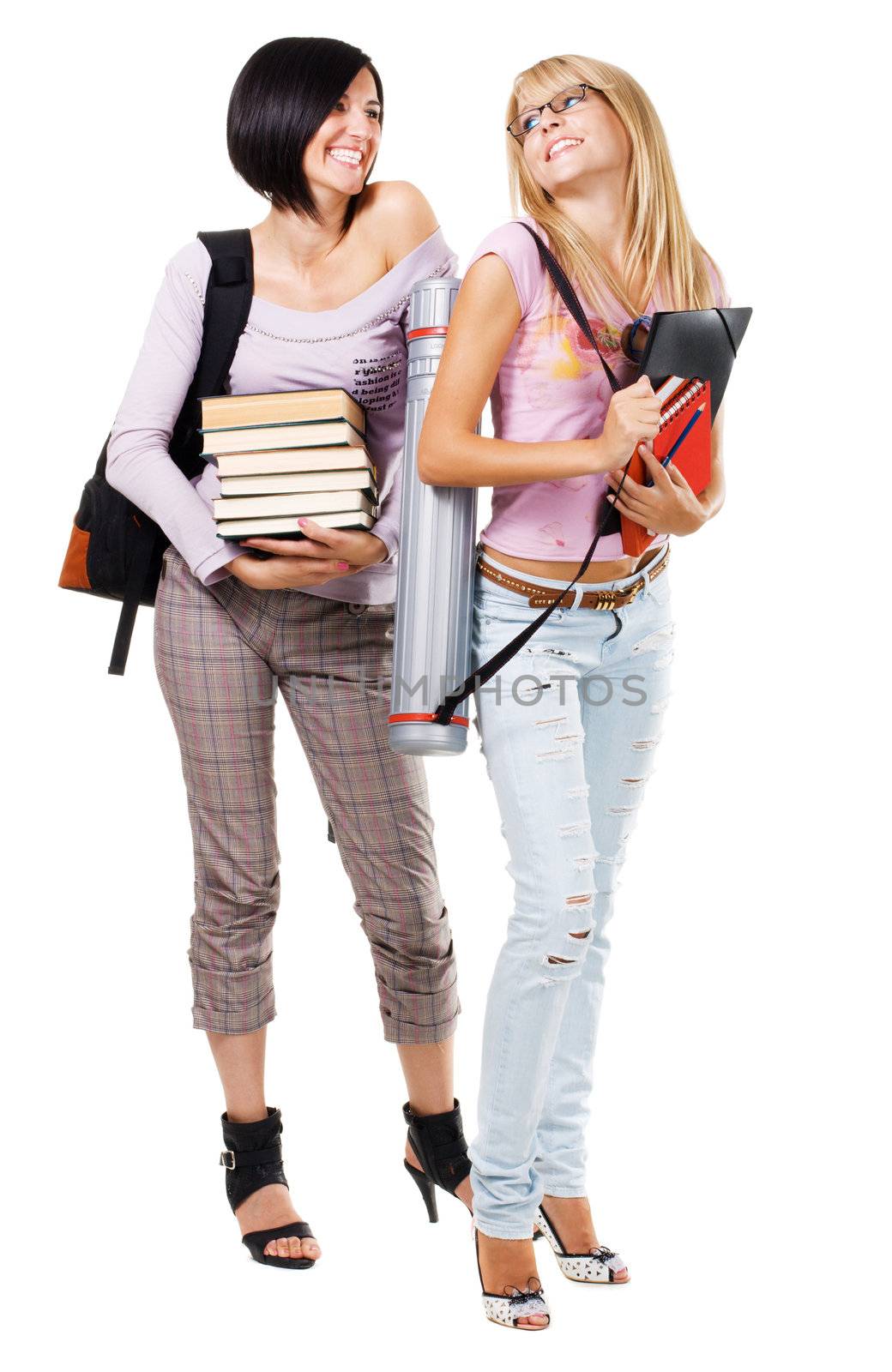 Portrait of two lovely students, isolated on white 
