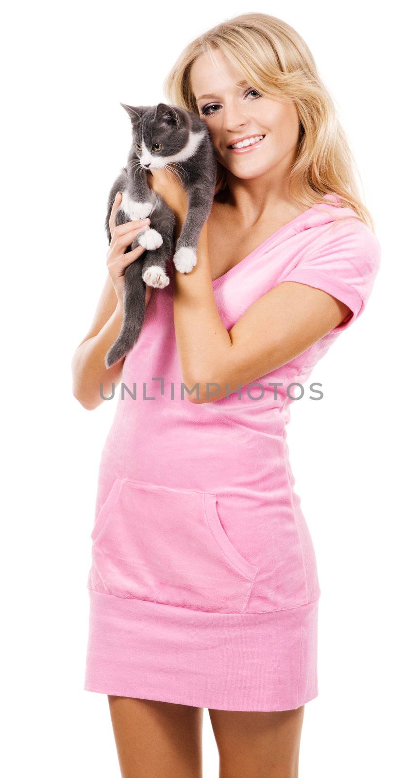 Portrait of a cute girl with a kitten against white background