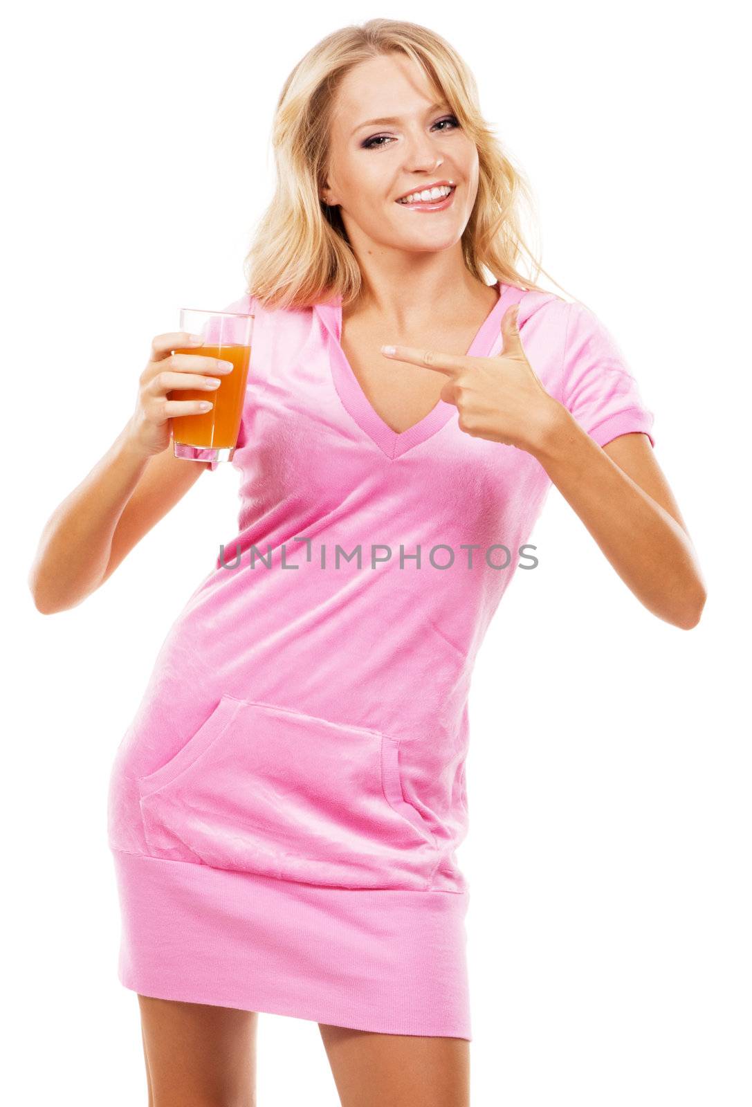 Funny girl with a glass of fresh juice, white background