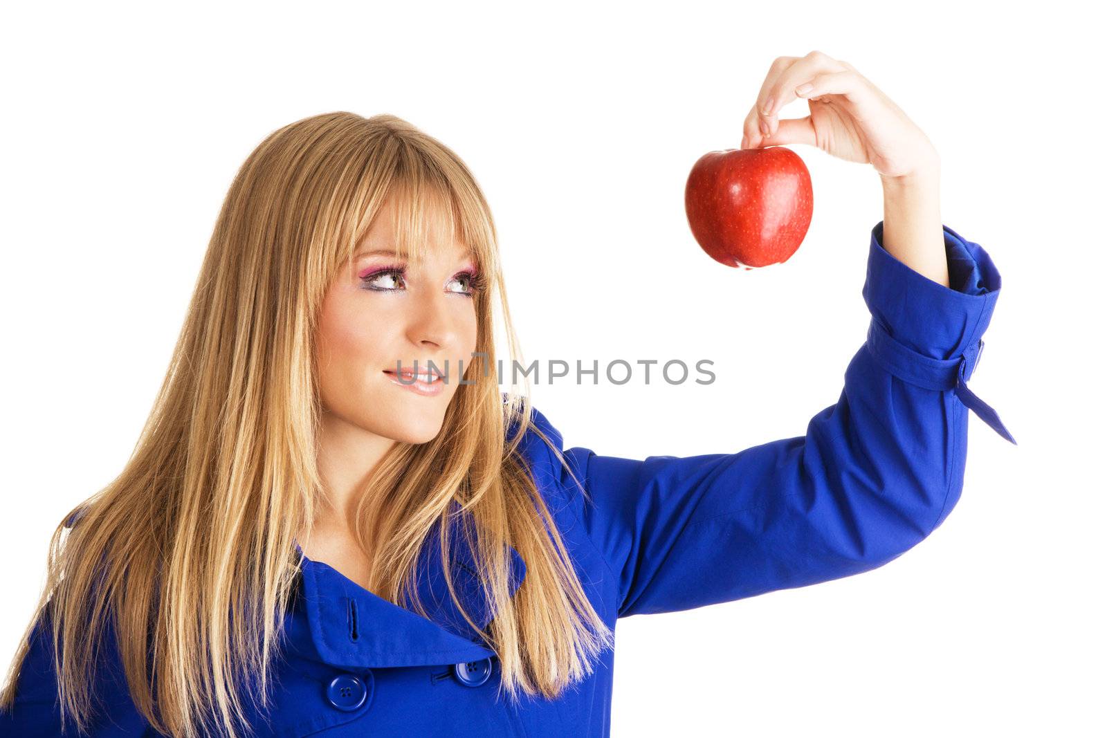 Girl in blue coat holding an apple by Gdolgikh