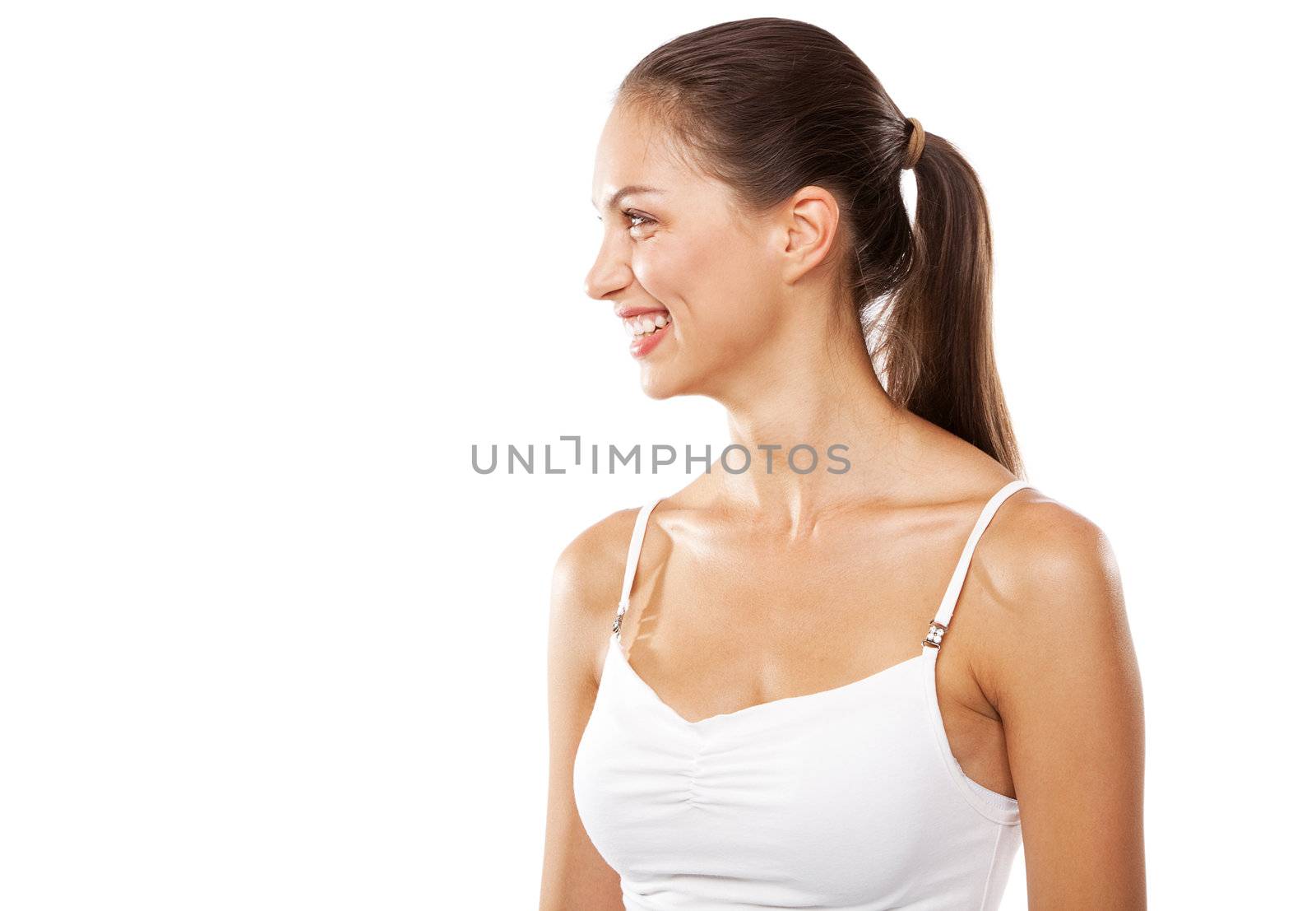 Beautiful young woman in white clothing studio face portrait