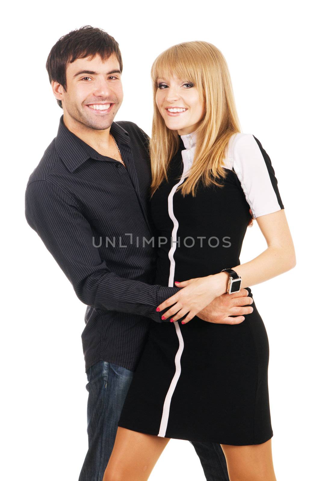 Beautiful young couple in casual clothing, white background