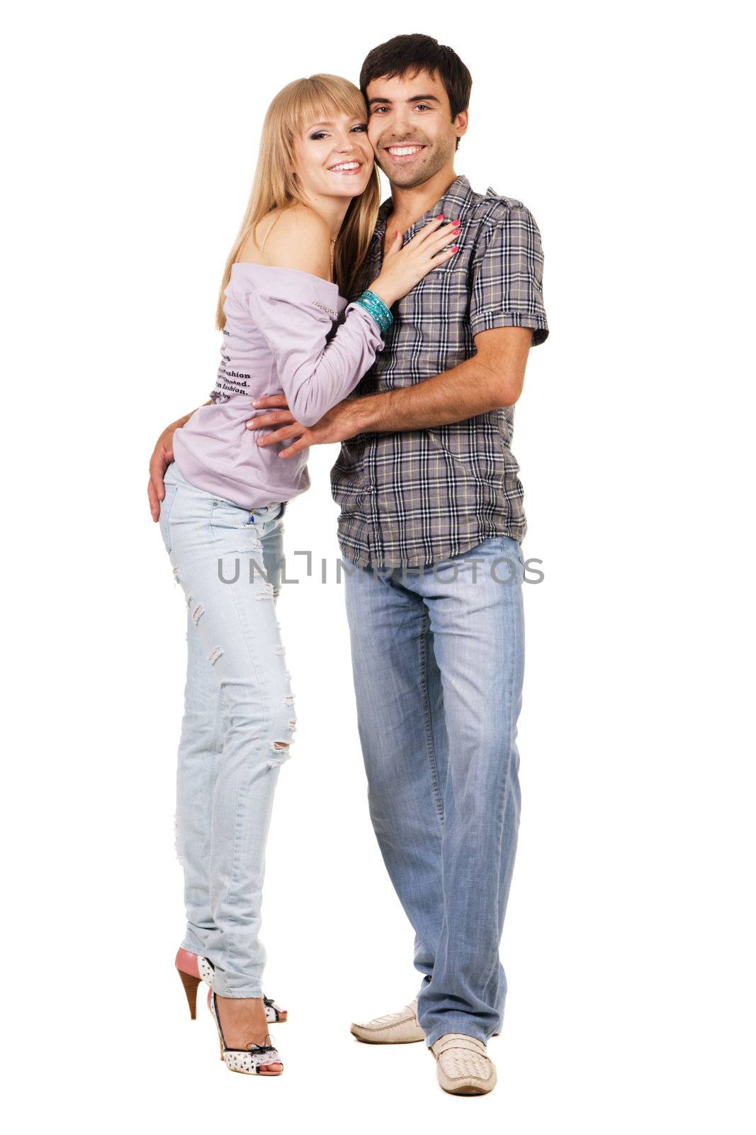 Romantic young couple in casual clothing, white background