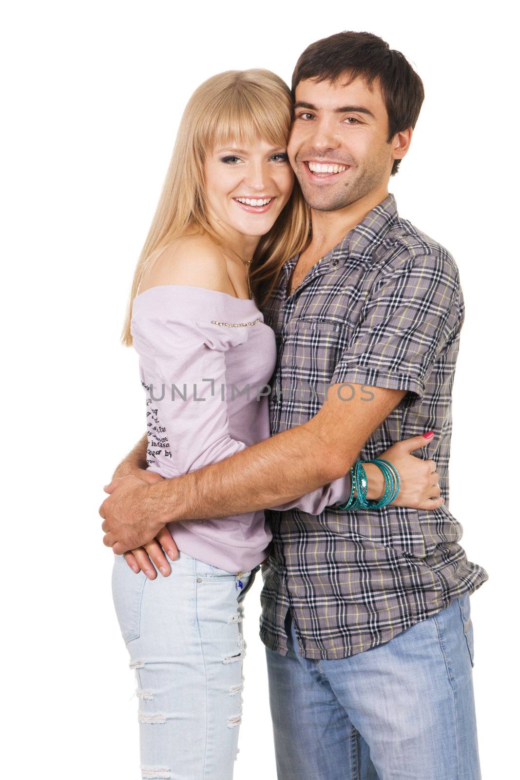 Romantic young couple in casual clothing, white background