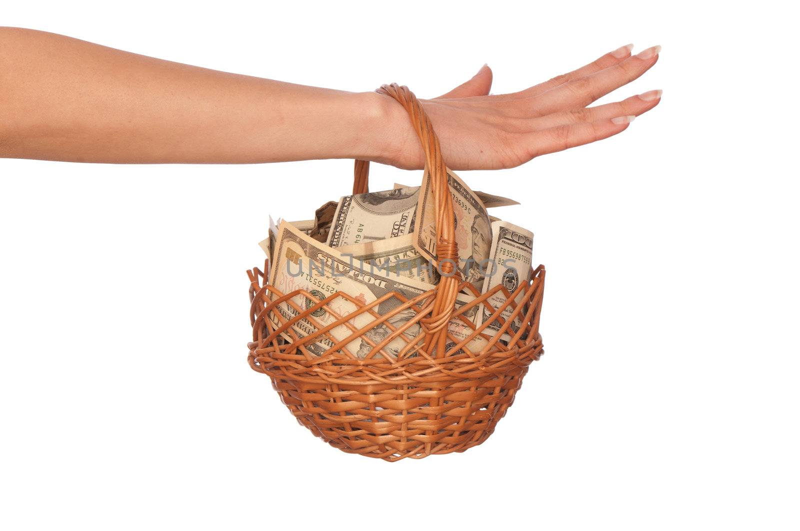 woman holding a basket with money for buying some goods