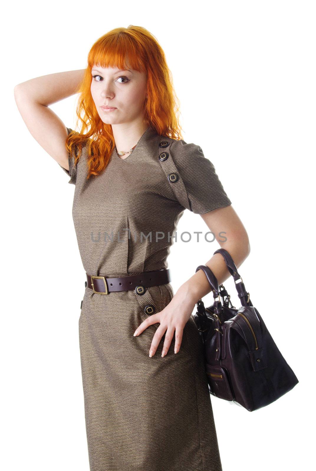 Woman holding a bag, isolated on white