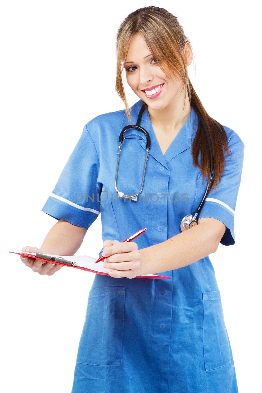 Friendly nurse on white background, studio portrait