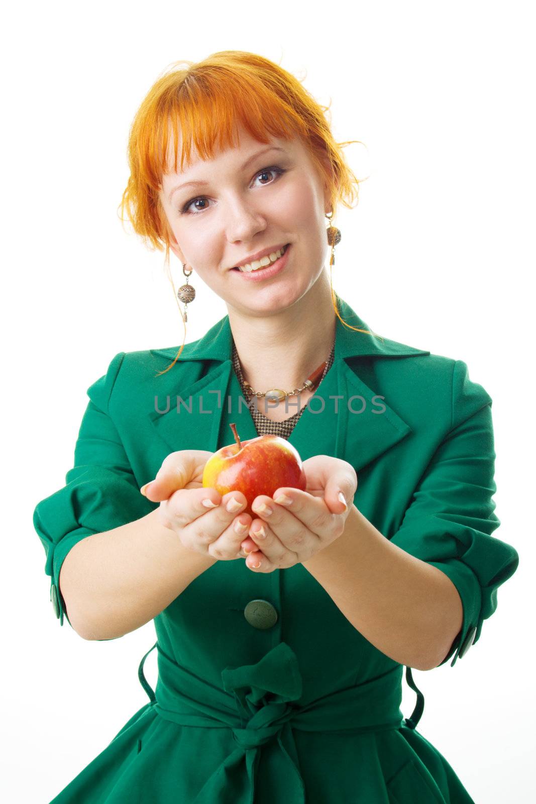 Beautiful lady holding an apple, white background