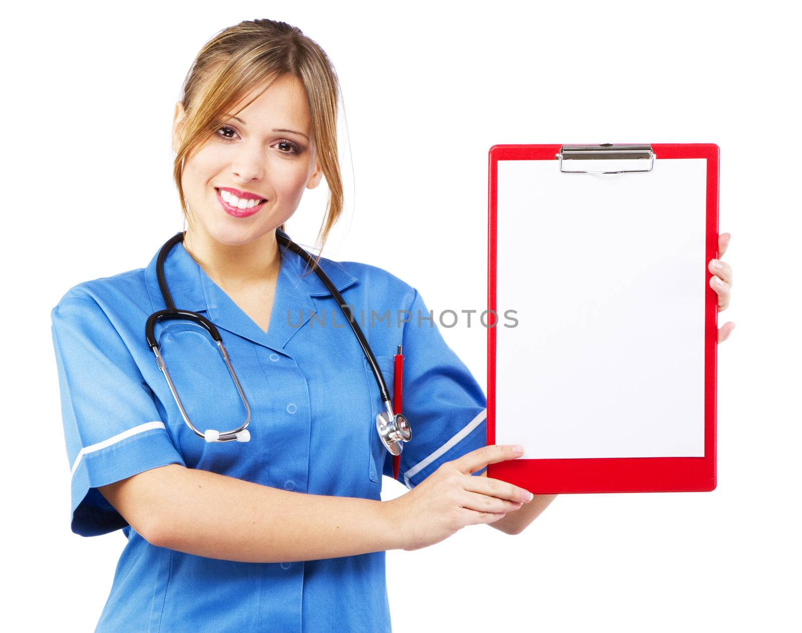 Friendly nurse on white background by Gdolgikh