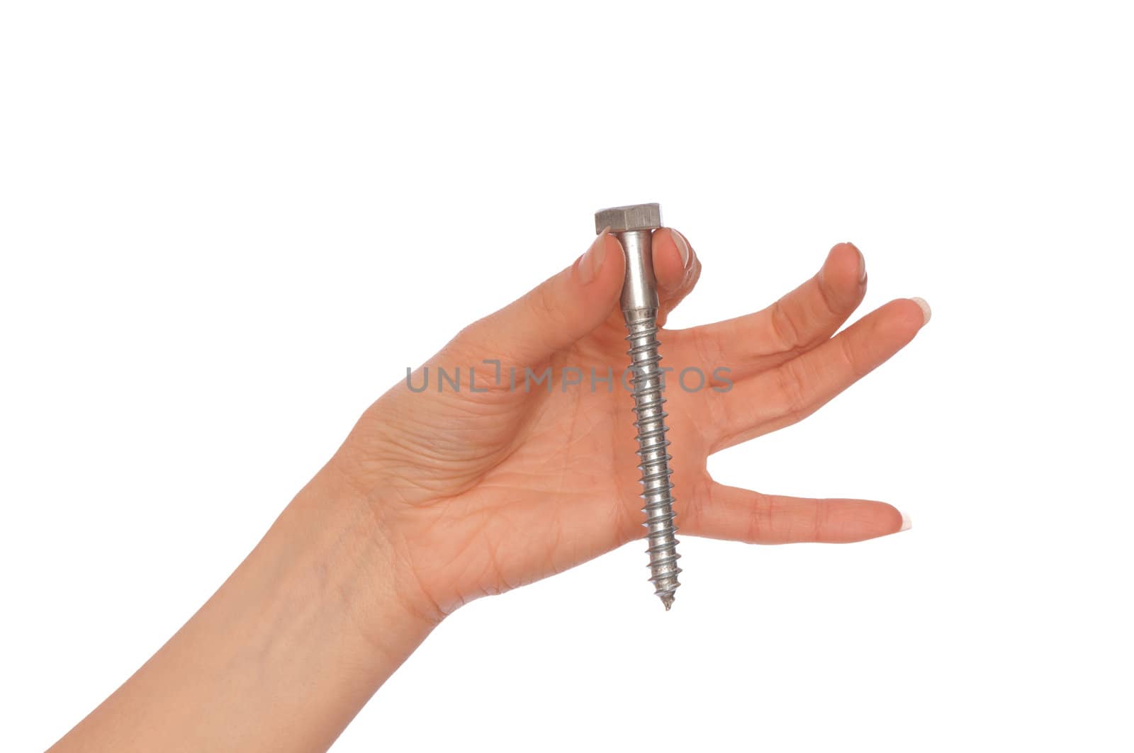 woman holding a big bolt in the hand