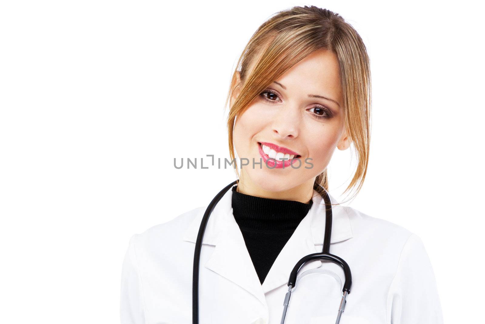 Friendly nurse on white background, studio portrait