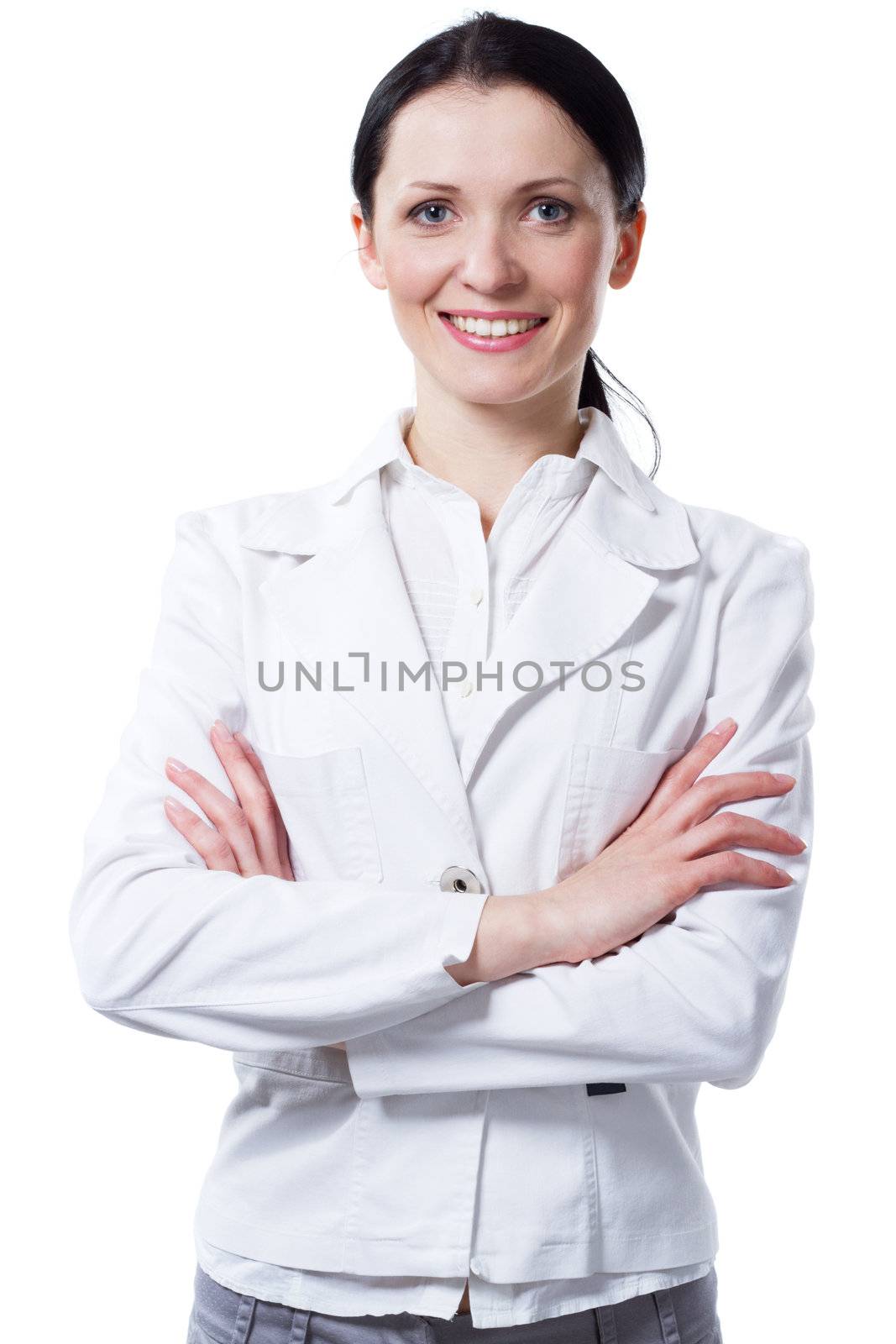 Portrait of lovely businesswoman in blue suit