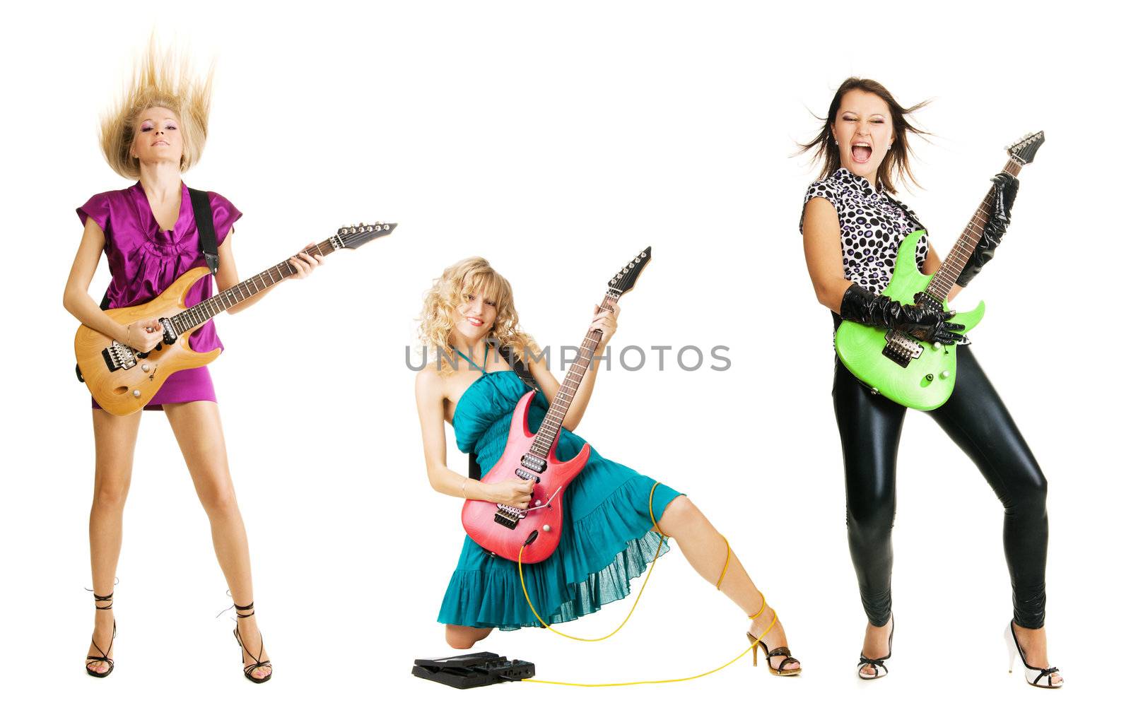 Three girls playing the guitar, isolated on white background