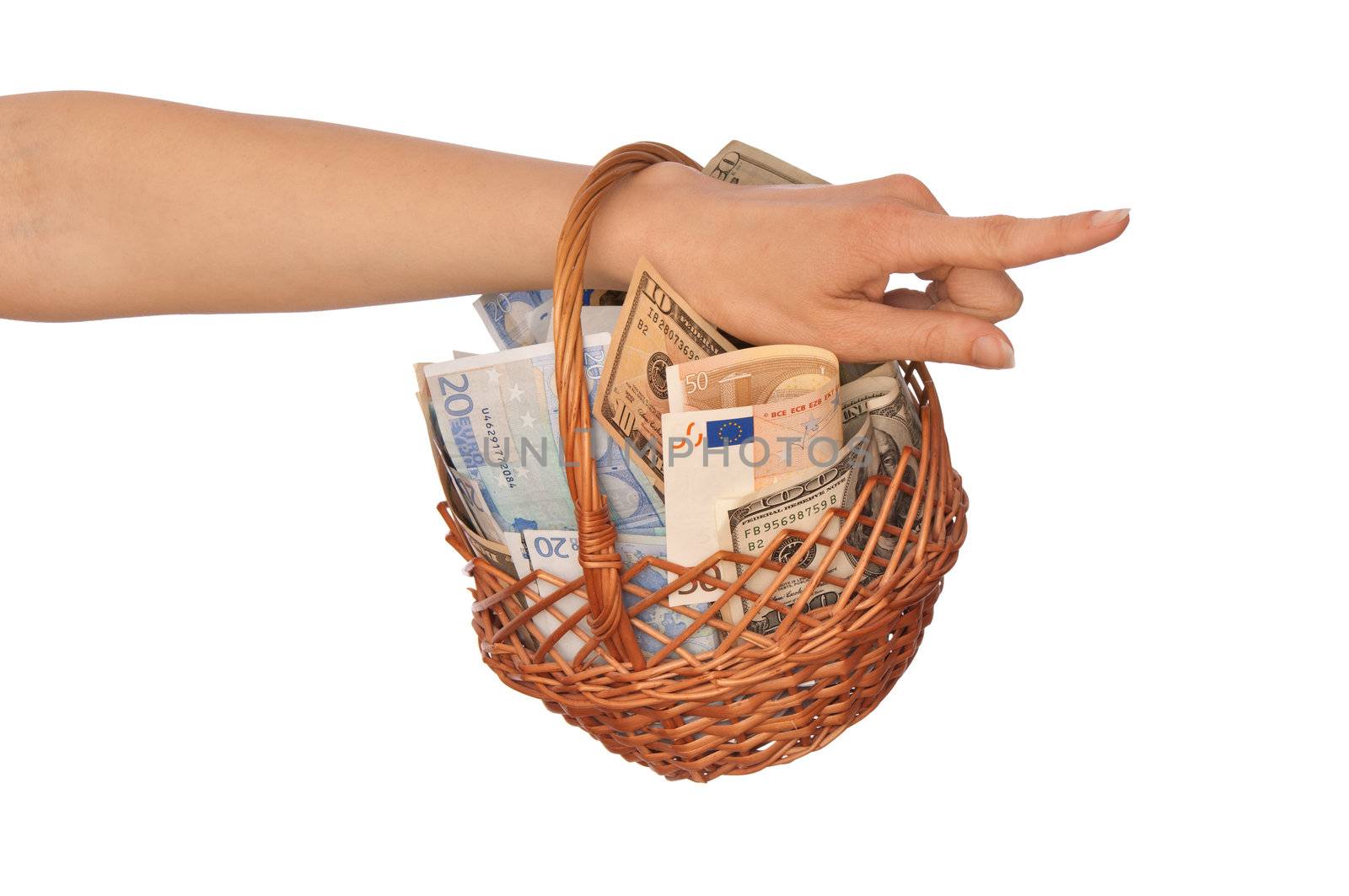 businesswoman owns the dual currency basket with euro and dollars for stable business
