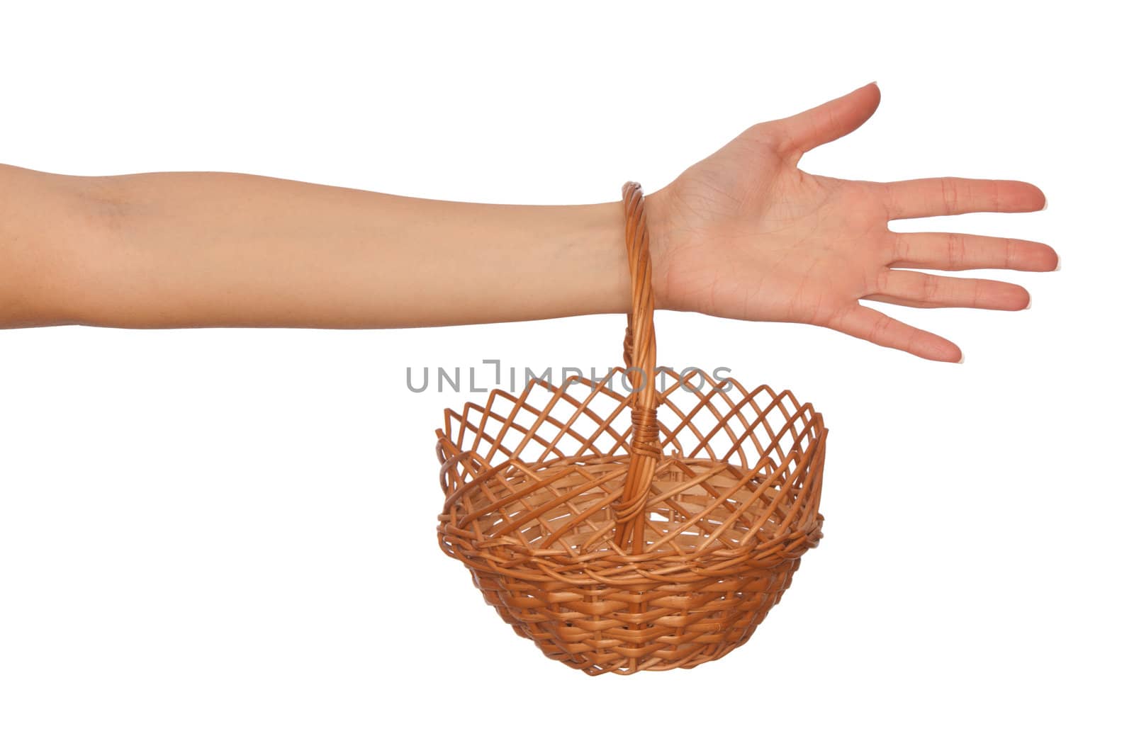 one brown basket for fruit on woman's hand