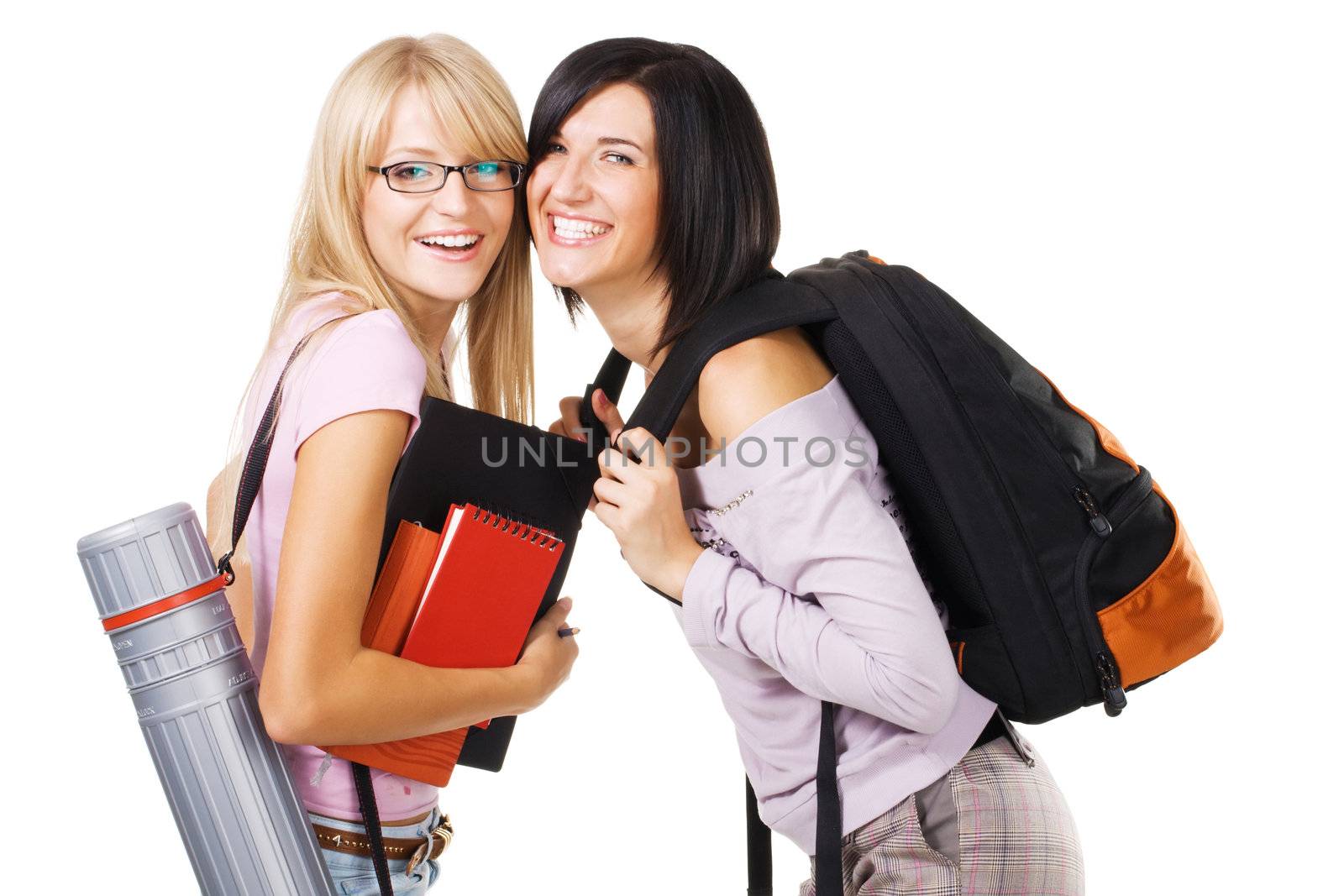 Portrait of two lovely students, isolated on white