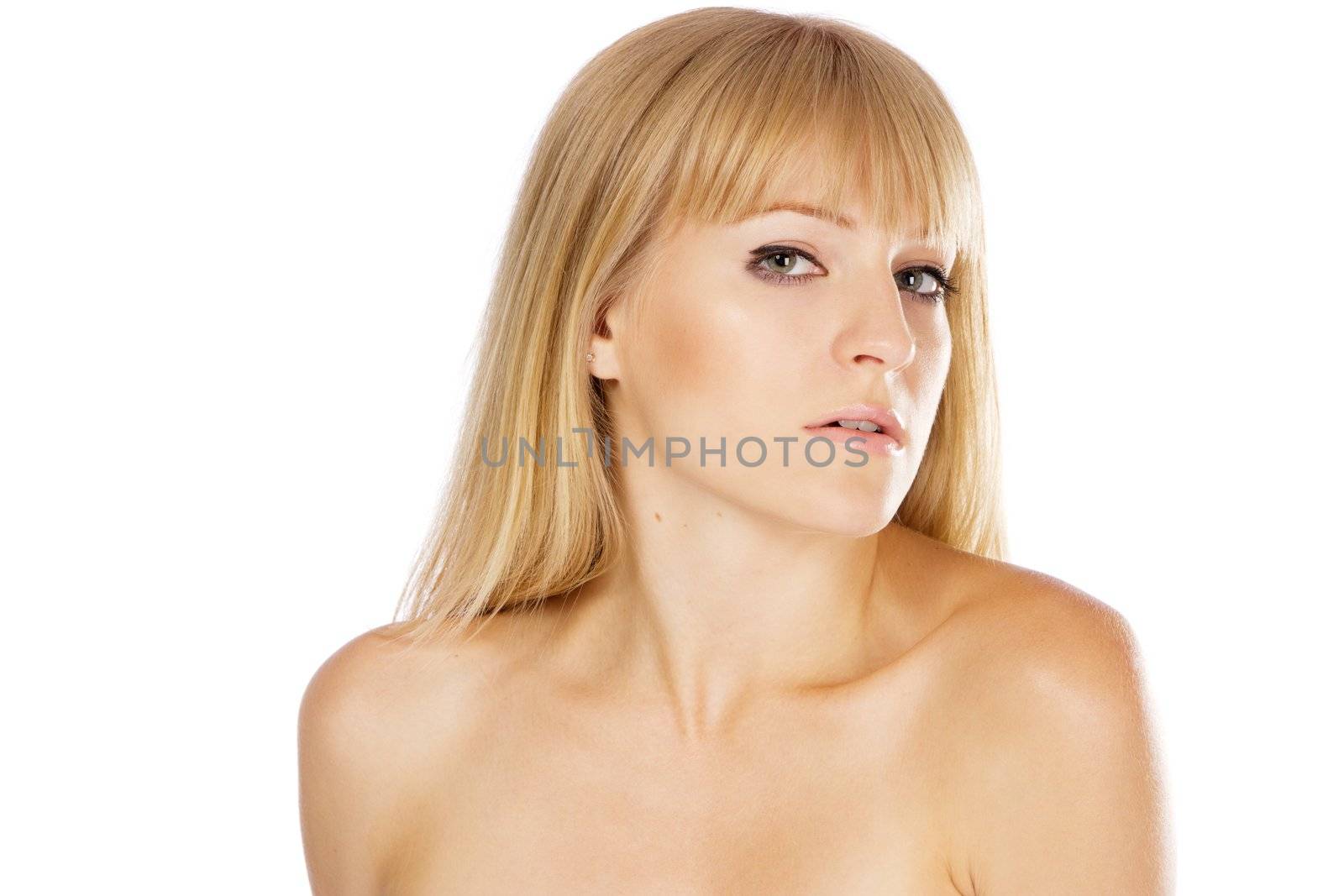 Beautiful lady with perfect skin, studio portrait on white background