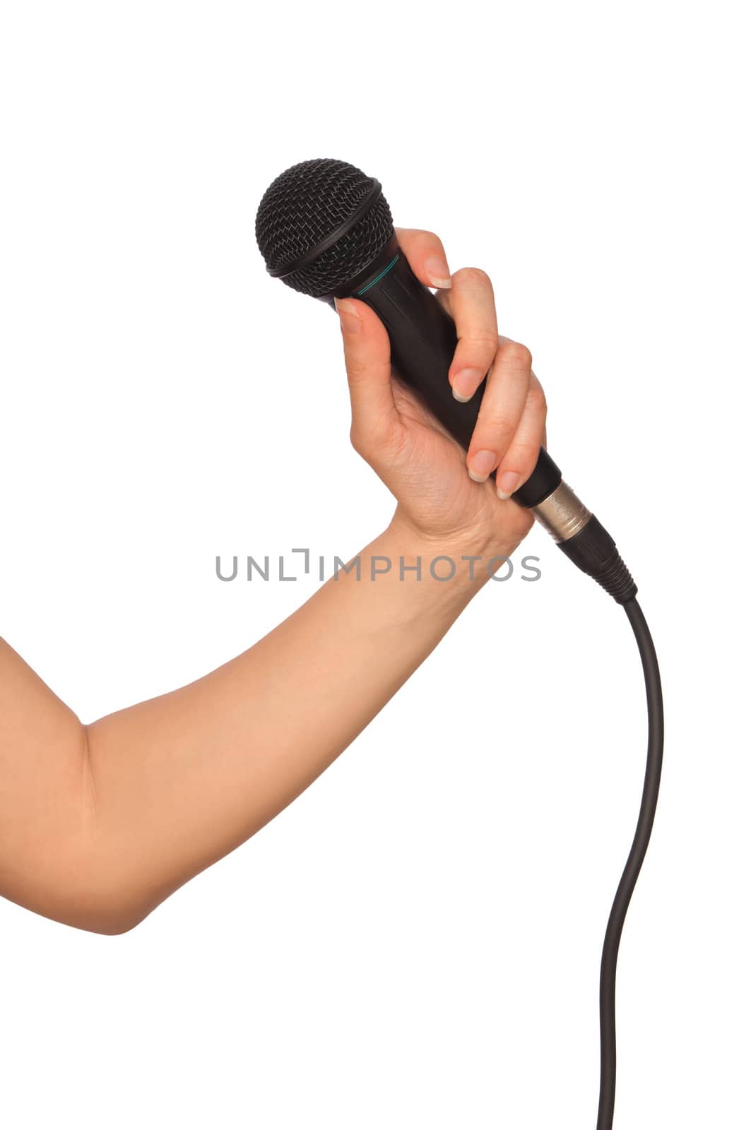 woman holding big black microphone for singing