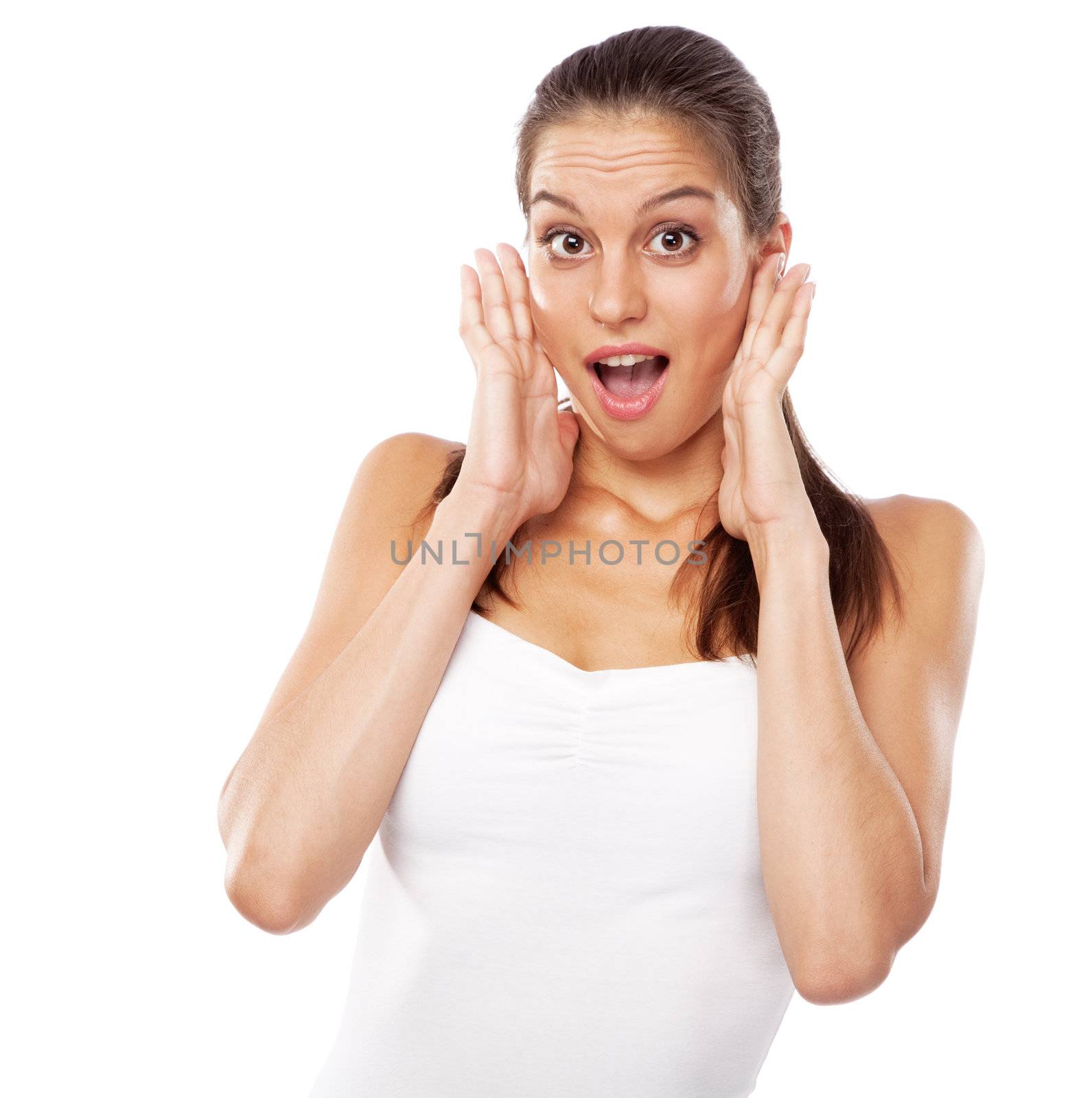 Beautiful young woman in white clothing studio face portrait