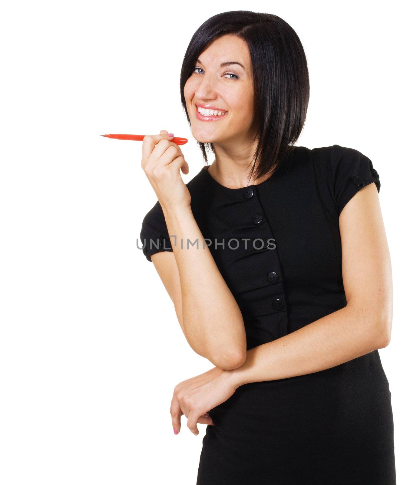 Cheerful  businesswoman with a marker, white background 