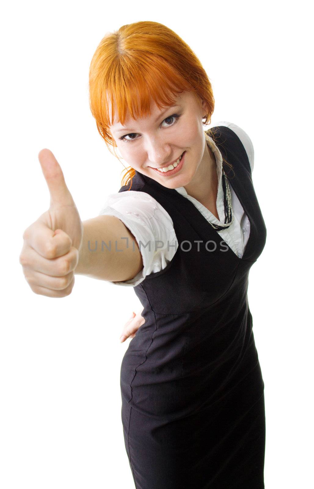 Young businesswoman showing 'thumbs up' sign