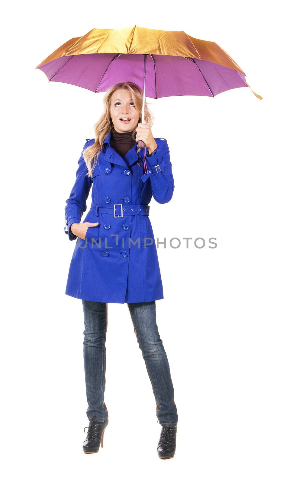 Lovely surprised woman with umbrella by Gdolgikh
