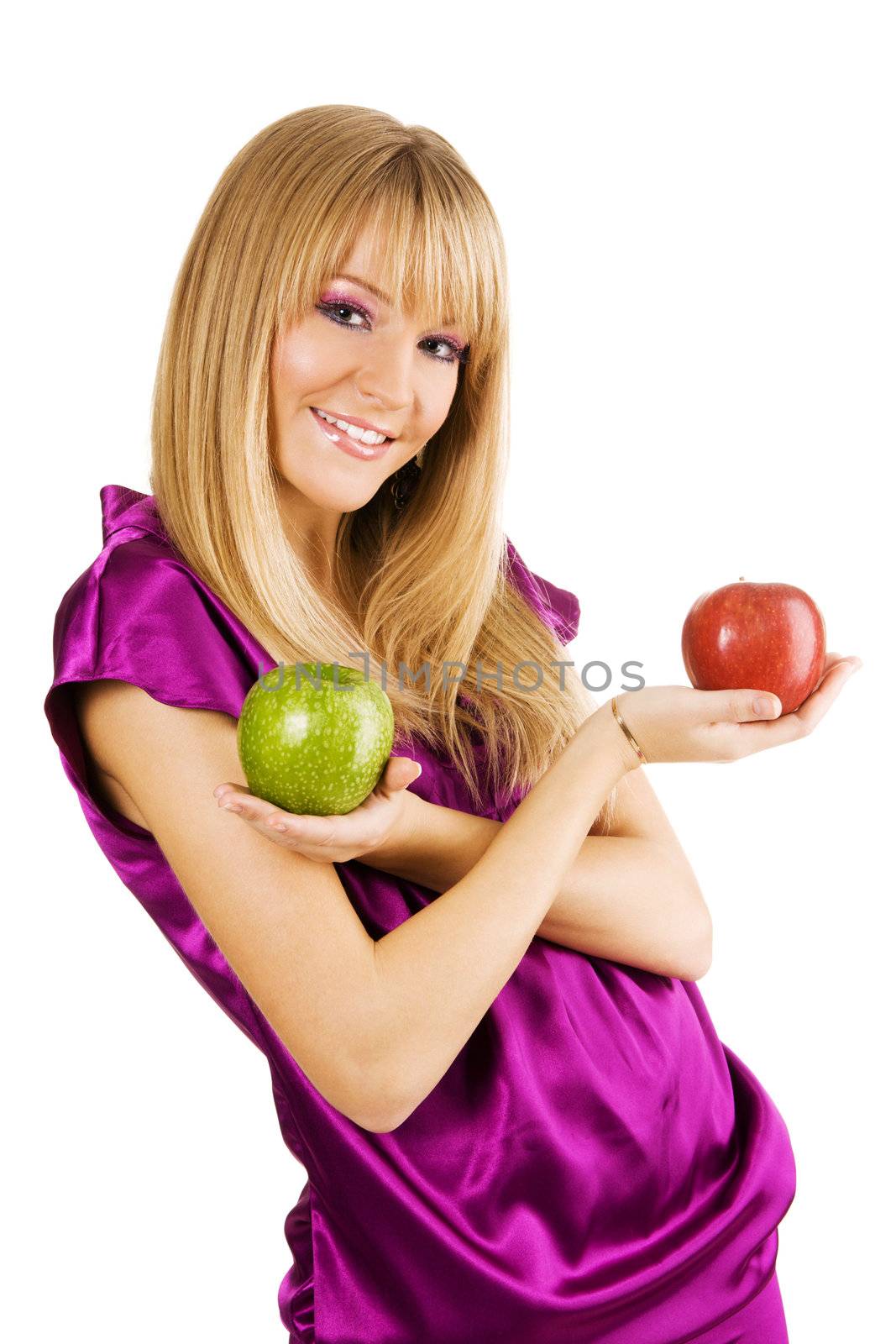 Cheerful young woman holding fresh apples by Gdolgikh