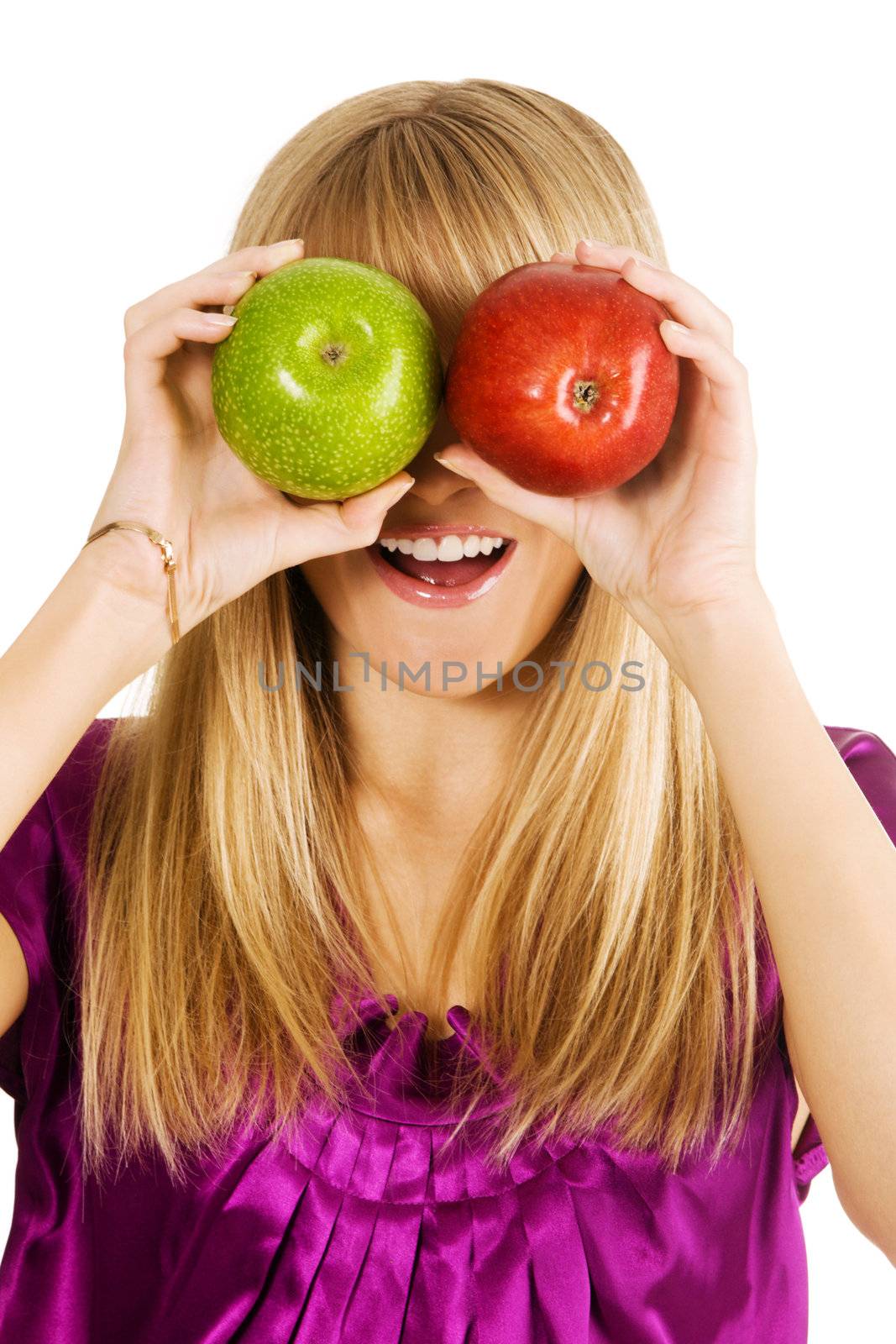 Funny girl holding two apples by Gdolgikh
