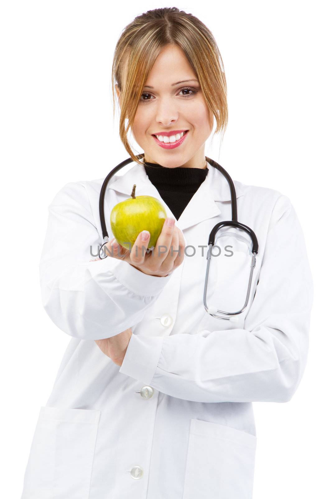 Friendly nurse on white background, studio portrait