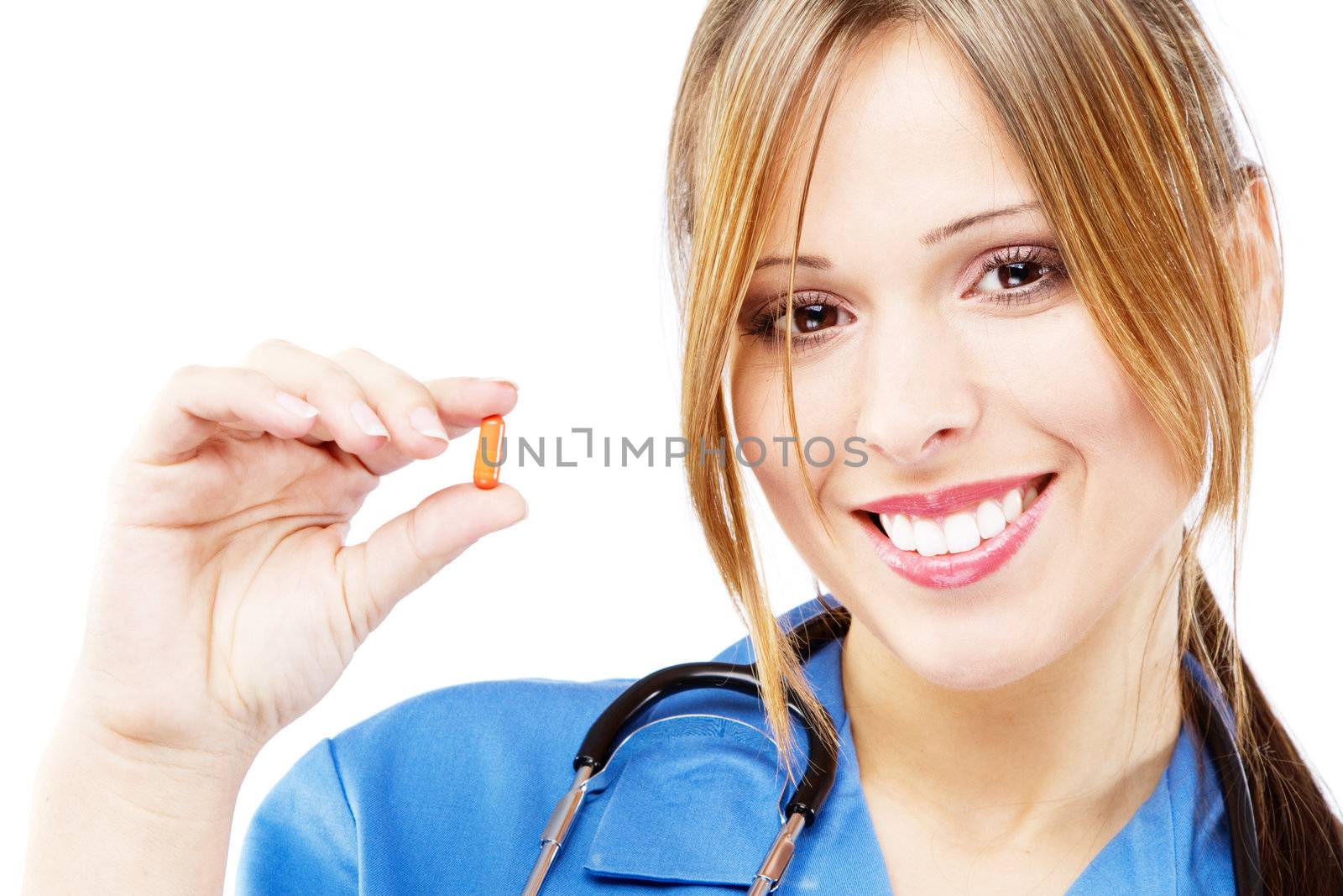 Friendly nurse on white background, studio portrait