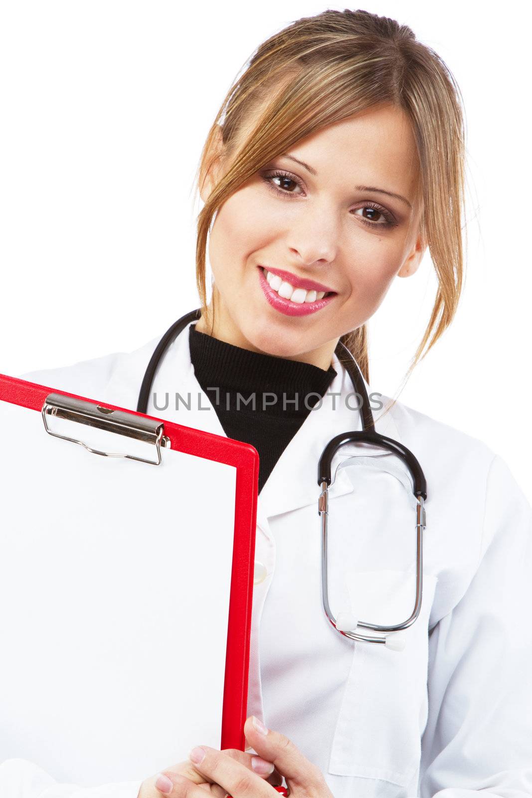 Friendly nurse on white background, studio portrait