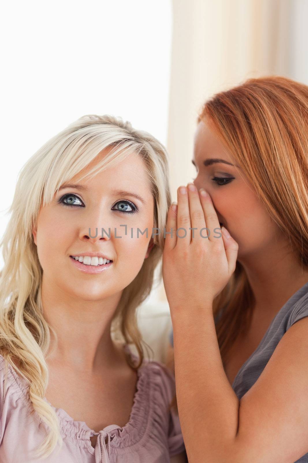Cute woman telling her friend a secret in a living room