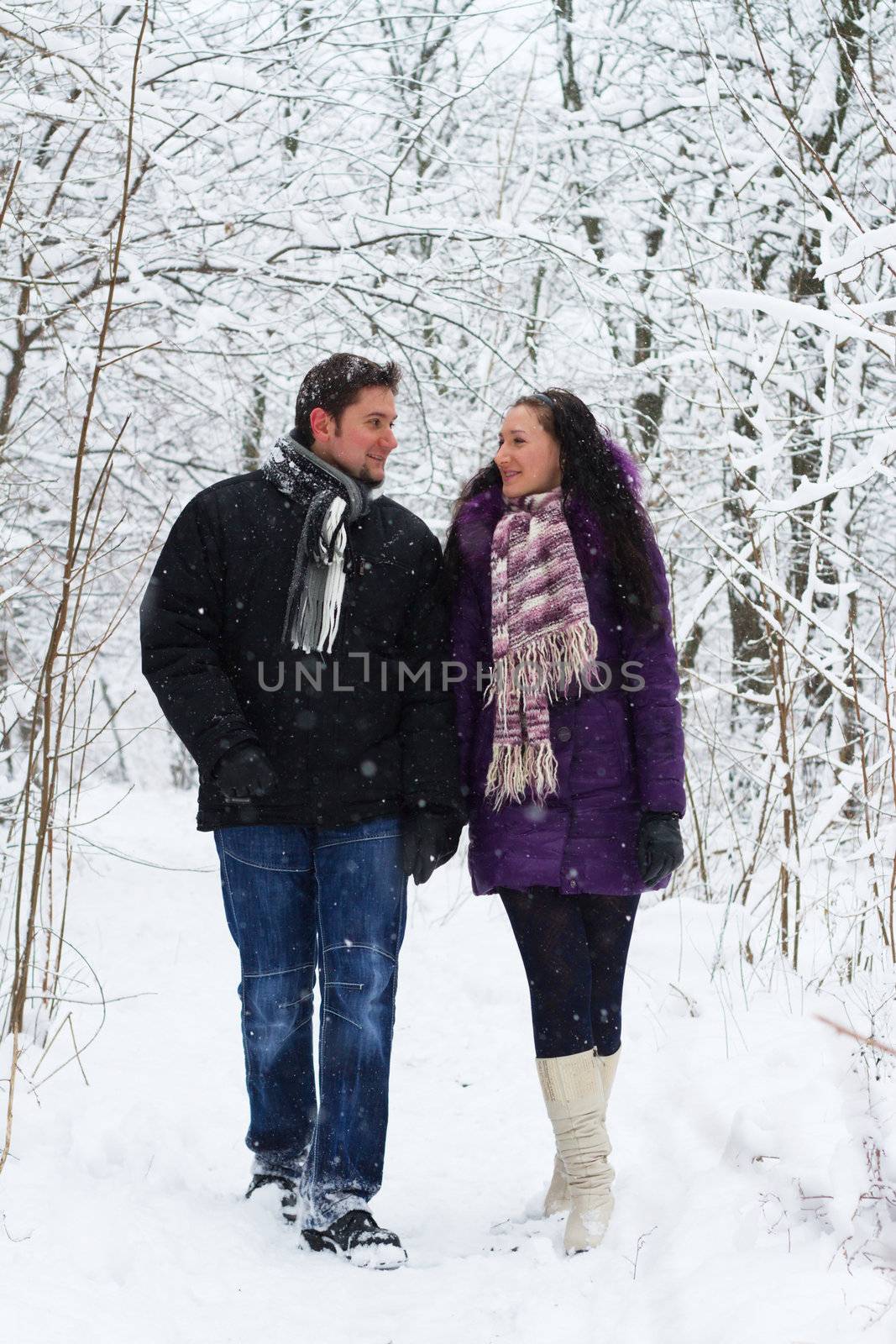 Young happy couple walking in winter park 