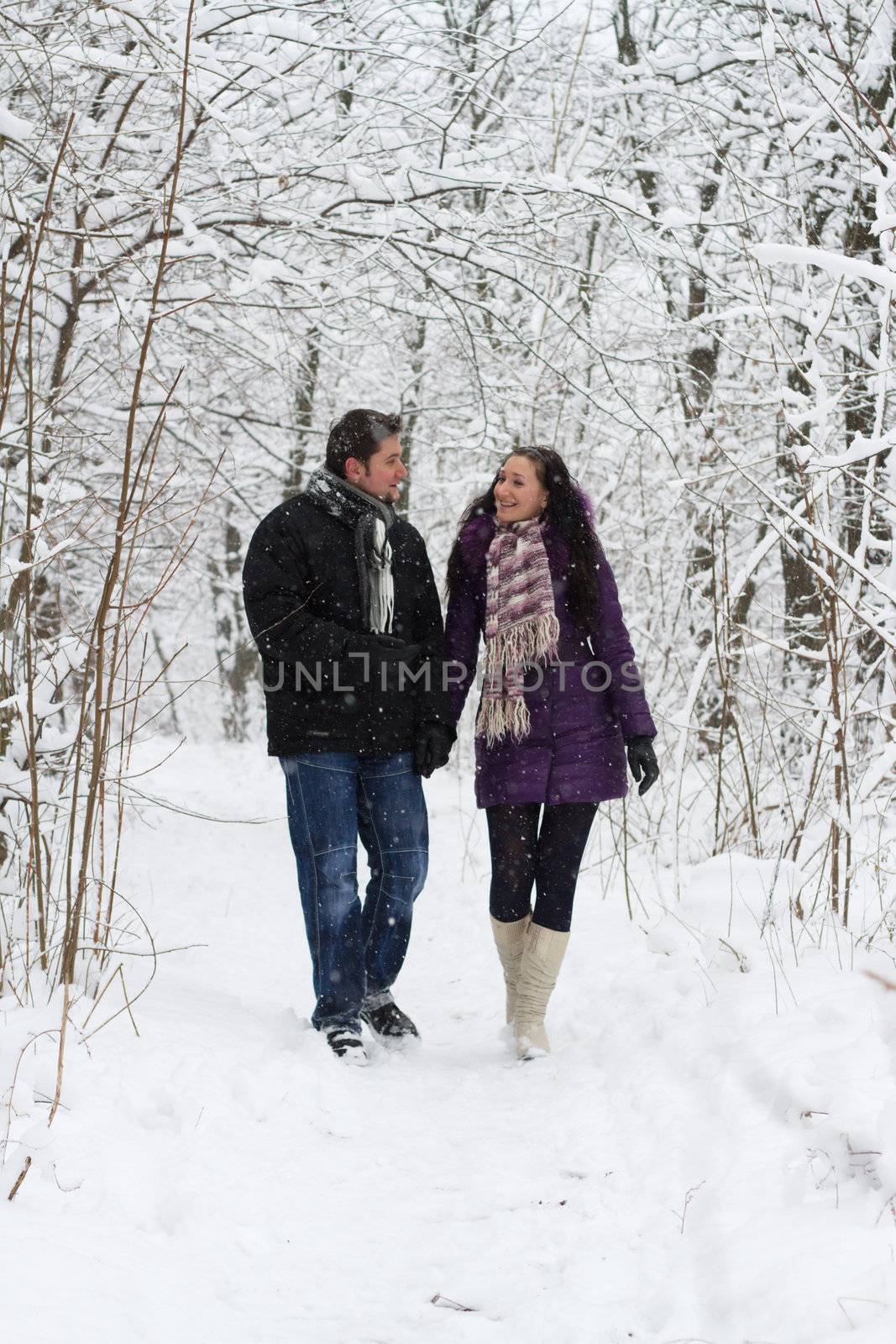 Young couple walking in winter park by Gdolgikh
