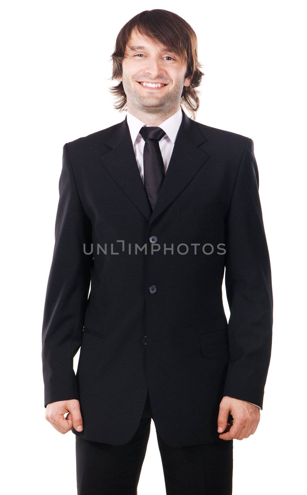 Young handsome man in elegant suit, white background 