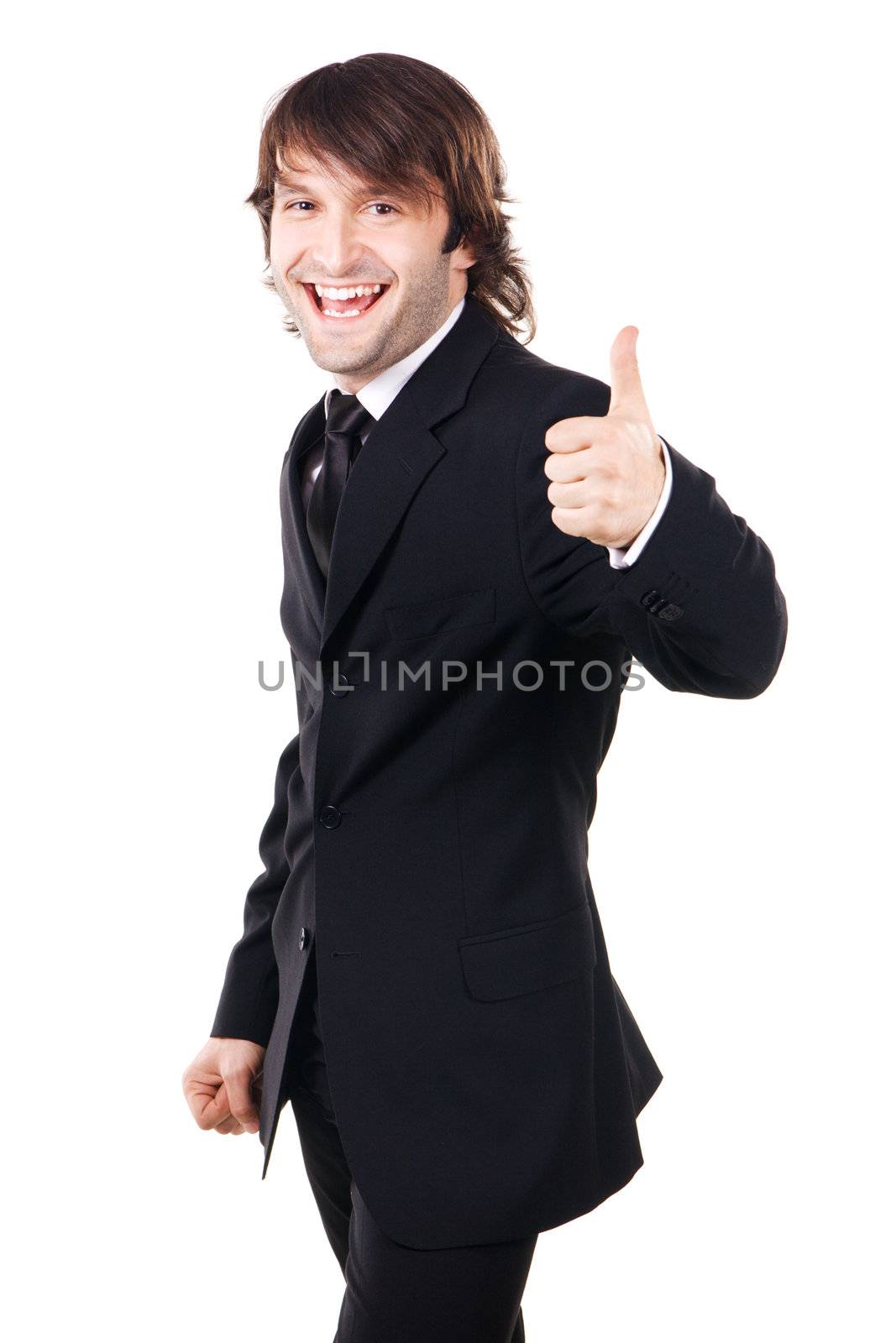 Cheerful businessman showing "Thumbs up" sign, white background
