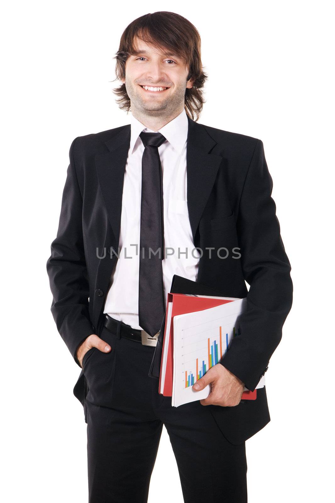 Cheerful businessman with a papers and folders against white background