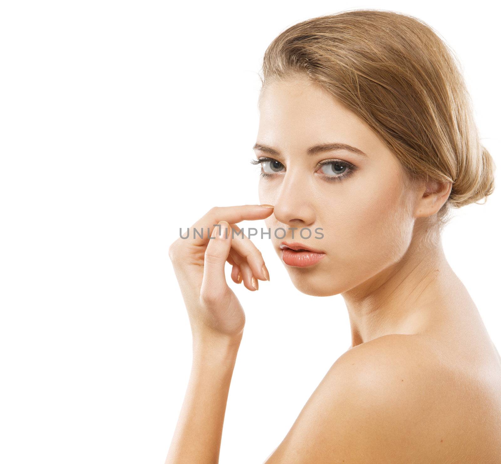 Portrait of young beautiful model over white background