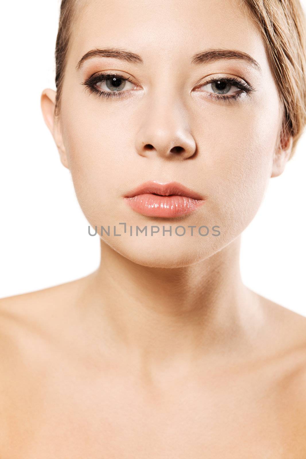 Portrait of a beautiful woman with a perfect skin, white background 