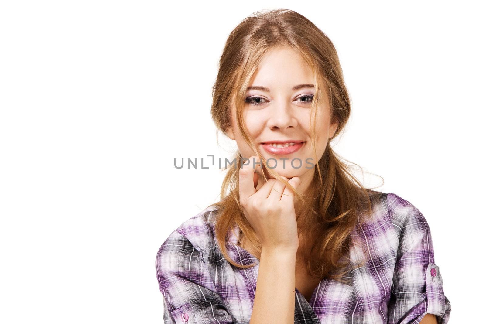 Portrait of a young lovely girl against white background