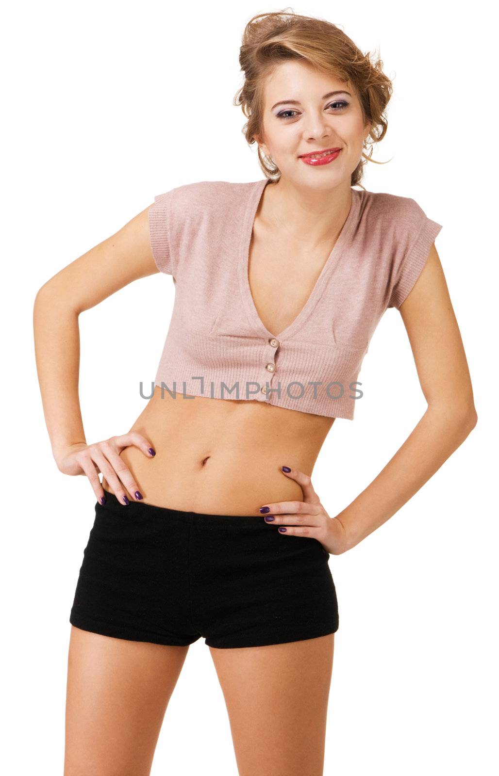 Cheerful slim young woman over white background