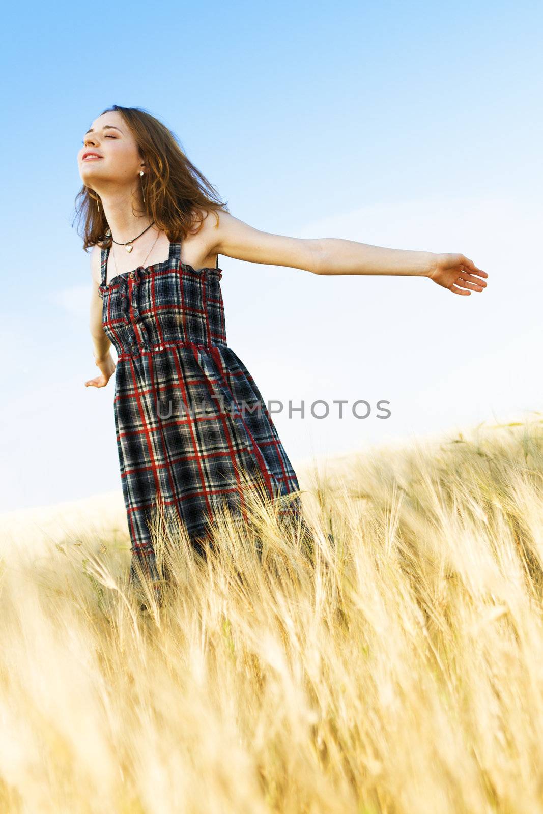 Beautfiul woman in checkered dress in a field by Gdolgikh