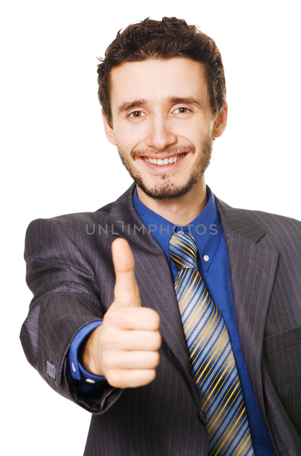 Friendly businessman showing thumbs up sign by Gdolgikh