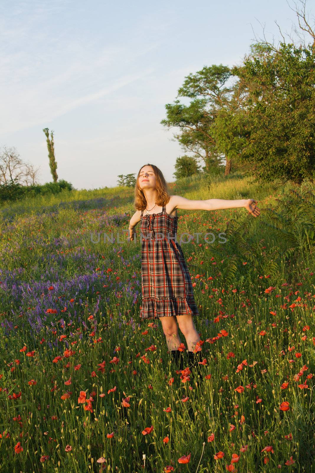 Beautiful young woman in a field by Gdolgikh