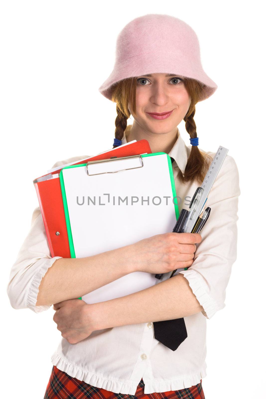 Cute student girl on white background